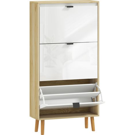 Armoire à chaussures étroite, 3 tiroirs inclinables, porte blanc brillant, 60x24x127cm, meuble de rangement pour chaussures. (1/5)