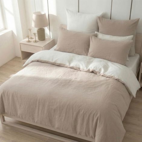 Parure de lit 180 x 200 cm en coton beige/blanc - Parure de lit 3 pièces douce, 100 % coton lavé, comprend 1 housse de couette 180 x 200 cm et 2 taies d'oreiller 80 x 80 cm avec fermeture (1/5)