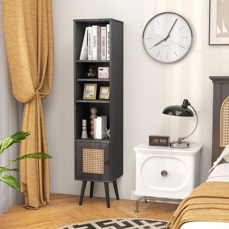 Meuble Colonne de Rangement avec Porte Rotin et Pieds en Bois Massif Meuble de Salle de Bain Étagère Réglable 29,5x29,5x137cm Noir (1/3)