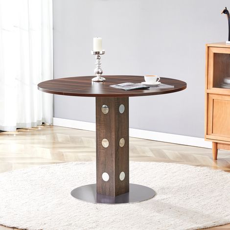 Table à manger ronde 100 cm en bois noyer avec piètement métal, pour 2 à 4 personnes (1/5)