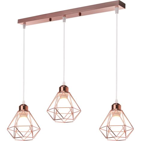 – Suspension rétro vintage en métal fer – Lustre industriel rectangulaire 3 lumières – Finition dorée rose – Câble ajustable 100 cm (1/5)