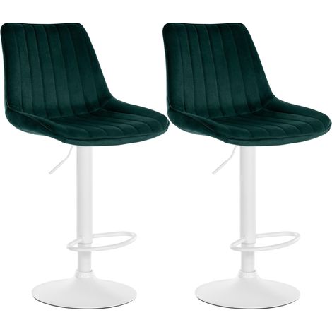 Juego de 2 taburetes de bar regulables en altura y giratorios 360° en terciopelo verde con costuras verticales y patas de metal blanco 100006731