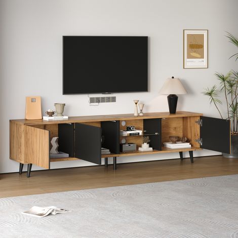 Meuble TV 175x31,5x45 cm en panneaux de bois naturel et noir, avec rangement pour salon FloraGrace (1/5)