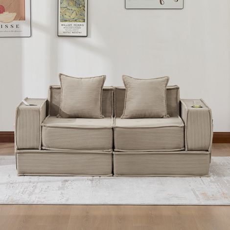 2-Sitzer-Sofa aus Cordstoff Khaki 162x78x66 cm mit 2 Kissen und Seitentaschen