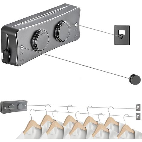 Corde à Linge Rétractable pour Intérieur et Extérieur, 2 x 5.1M Acier Inoxydable Fil a Linge Retractable, Étendoir à Linge Gain de Place (Gris) (1/5)