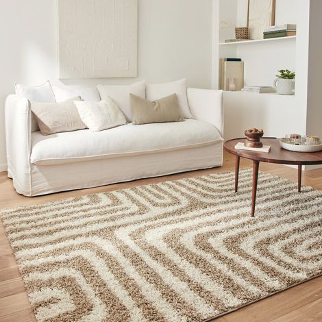 Tapis intérieur shaggy motifs géométriques rectangulaires beige/écru - Queensy 120 x 160 cm