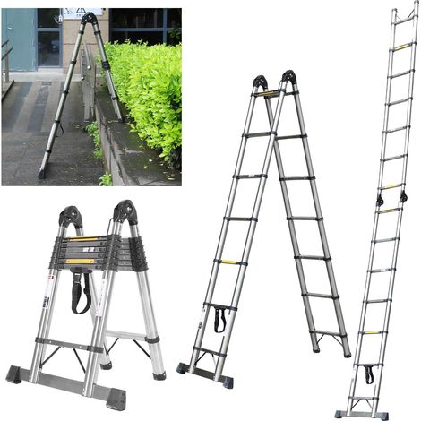 Échelle Télescopique en Aluminium 5.6 m (2.8 m + 2.8 m) avec Stabilisateur et Roues Capacité 150 kg Idéale pour Nettoyage Gouttières et Réparations Extérieures (1/5)