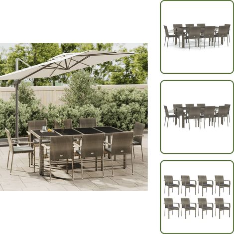 The Living Store 9-tlg. Garten-Essgruppe mit Kissen Grau Poly Rattan - Gartenessgruppe (1/5)