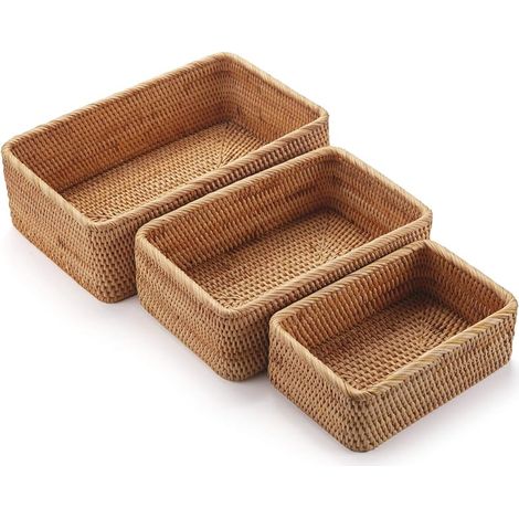 Paniers de Rangement Rectangulaires en Rotin Corbeille en Osier Tressé Naturel pour étagère D'armoires de Cuisine 3 Pièces