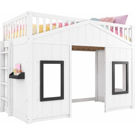 Lit superposé enfant 90x200 avec escalier, protection sur 4 côtés, fenêtres grises, sous-lit modulable, bois et MDF blanc, idéal chambre enfant CHICFURN (1/5)