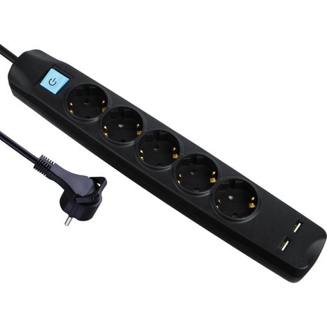Multiprise 5 Prises avec USB, fiche Plate de Contact de Protection, 2 Prises de Charge USB, multiprise avec poignée à Tirer, Fixation de Serre-câbles, Peu encombrante et Robuste (1/5)