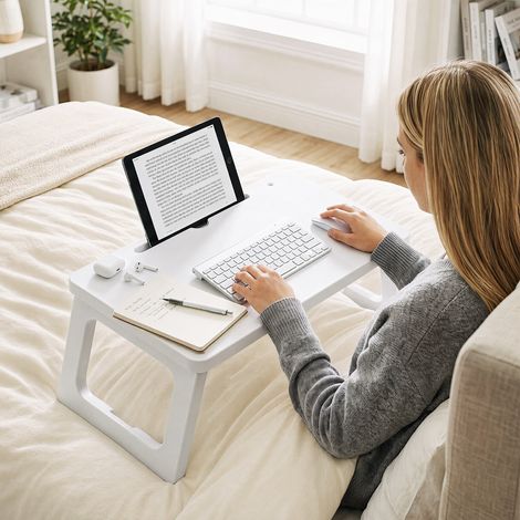 Plateau de lit pliant blanc en HDPE avec surface 59,5 x 39,5 cm, emplacement pour tablette et pieds pliants pour lit et canapé (1/4)