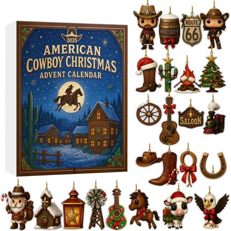 Calendrier De Lavent - Ornements De Noël Thème Cowboy - 24 Pièces - Pour Arbre À Noël Et Décoration Festive - Lot Complet (1/4)