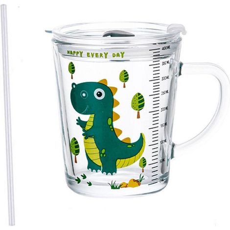 Glas Trinkbecher 400ml mit Deckel, Strohhalm & Reiniger, Dino Motiv (1/5)