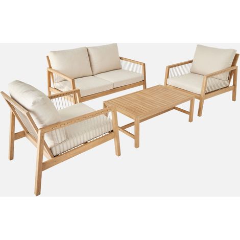 Conjunto  de jardín de madera clara y cuerda, 4 plazas