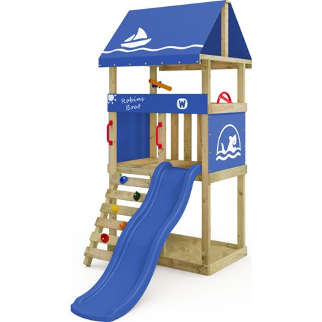 Wickey DinkyHouse wooden play tower with slide and sandpit in blue