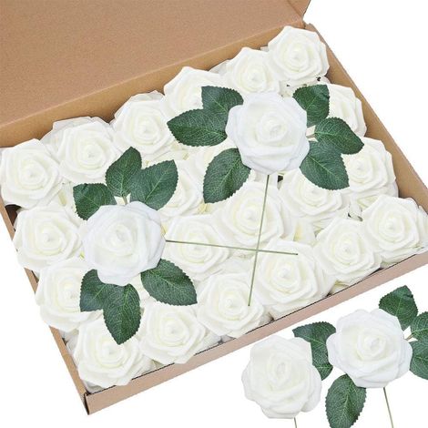 Lot de 50 roses artificielles avec 6 feuilles pour bouquets de bricolage, fête de mariage, fête prénatale, décoration de la maison (1/5)