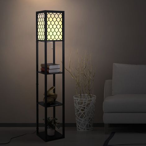 Stehlampe mit Ablage, 26 x 26 x 160 cm (L x B x H), 4 Ebenen, schwarzes MDF, Wabenmuster