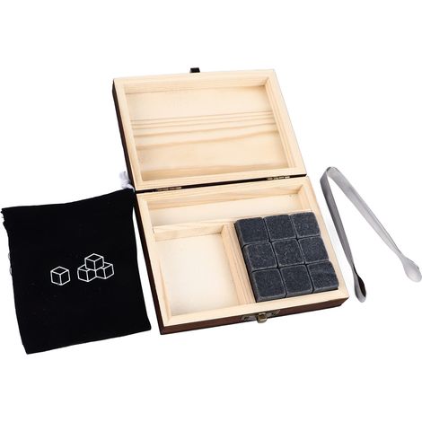 Whisky-Würfel aus Granit, zum Kühlen von Whisky, recycelbar, schnelltrocknend, in einer Kiefernholzbox (1/5)