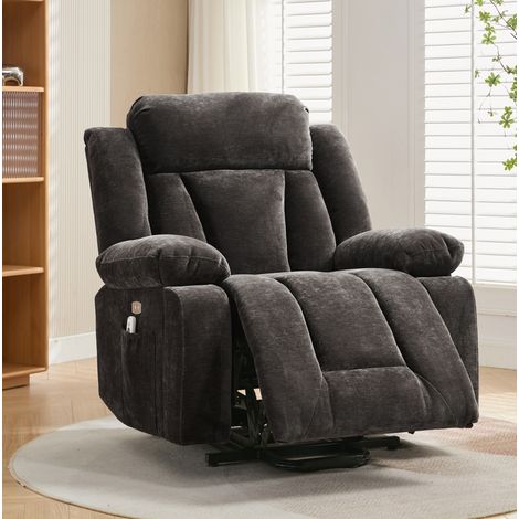 Sillón relax eléctrico elevador, masaje 8 puntos, calefacción, USB, tejido marrón HAVRYA (1/5)