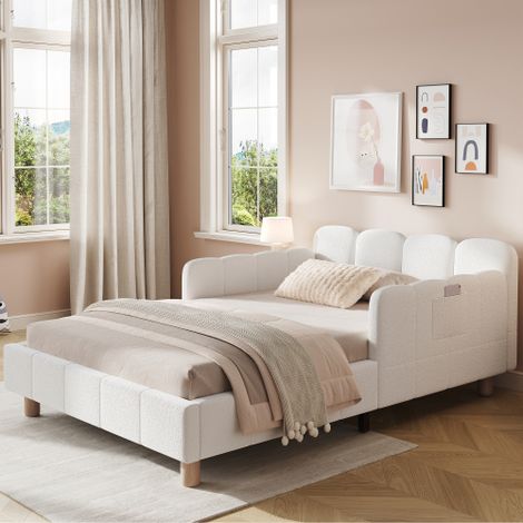 Upholstered Headboard Single Bed for Kids,3ft 90x190cm with Safety Rail and Solid Wood Legs in Beige (1/5)