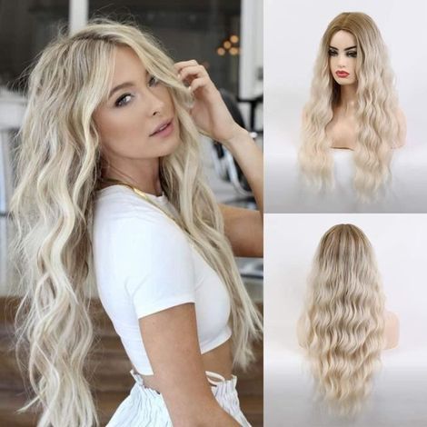 Longue Perruque Blonde Beige pour Femme Perruque Synthétique Naturelle Ombre Cheveux Bouclés Racine Foncée Partie Moyenne