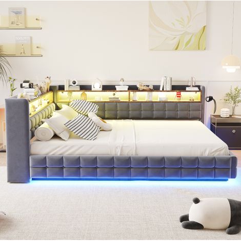 Cama con baúl 140x200 cm en terciopelo gris con almacenaje, LED y puertos USB/USB-C, sin colchón (1/5)