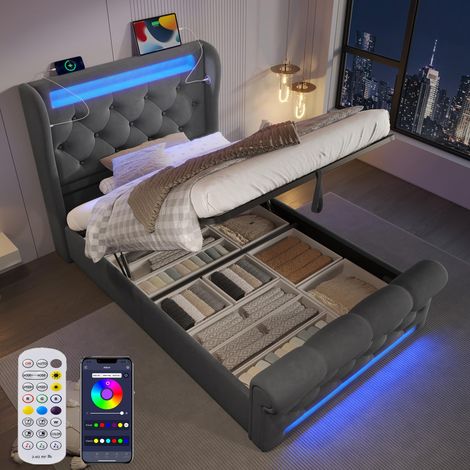 Lit 90x200 avec Sommier LED et USB C, Lit Coffre 90x200 avec Rangement et Tete, Simple avec à Lattes 1 Personnes, Rembourré Cadre de(sans Matelas) (1/5)