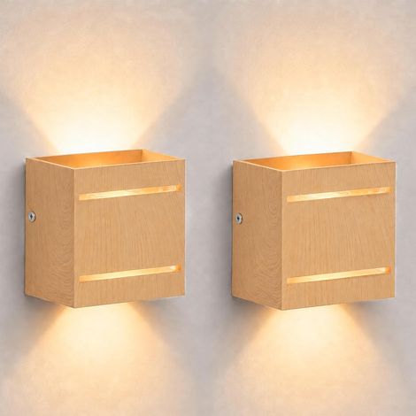 2 Appliques Murales LED Bois Chêne Blanc Chaud  Lampe murale intérieure moderne aluminium effet bois avec éclairage Up Down pour maison et couloir (1/5)