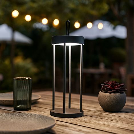 Lampada da tavolo per esterni Lampada da tavolo LED touch dimmer a batteria da balcone, metallo nero, IP54, 1x LED 3W 290Lm bianco caldo, DxH 13x36 cm (1/5)