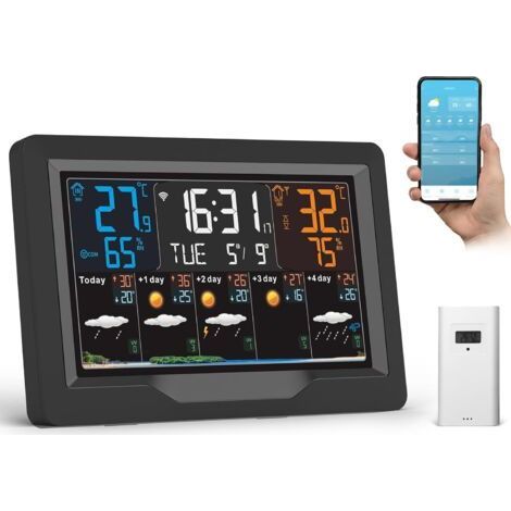 Station Météo Intérieur Extérieur Sans Fil - Connectée WIFI avec Prévisions 5 Jours, Écran 4 Luminosités Réglables, Capteur Temps Thermomètre Hygromètre, 3 Réveils (1/4)