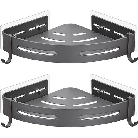 Étagère de douche d’angle sans perçage, adhésif, aluminium gris mat, lot de 2, panier de rangement pour shampoing et gel douche. (1/5)