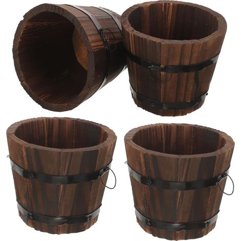 Lot de 4 Jardinières en Bois Carbone de Tonneau pour Culture de Légumes et Plantes, Pots de Jardin Ronds Drainage, Usage Intérieur et Extérieur, Dimensions Petites (1/5)
