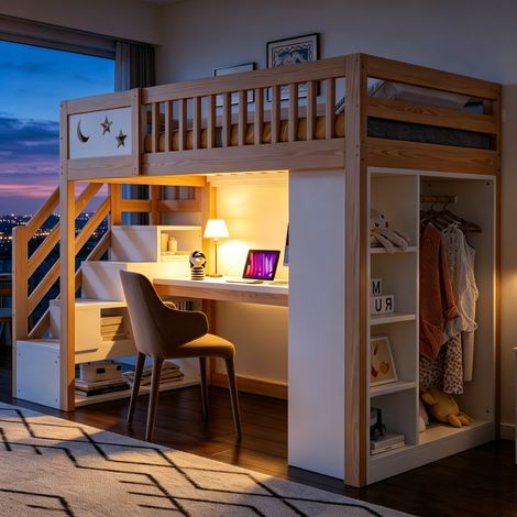 Lit mezzanine enfant 1 place 90x200 cm avec bureau, LED, prises, étagères, penderie, escalier de rangement, garde-corps, pin et MDF blanc naturel (1/5)