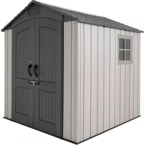 Abri résine PEHD imitation bois plancher toit 2 pentes, 4,57 m2, hauteur 191,9 cm