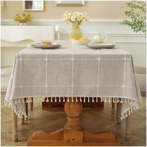 Nappe marron, 110170cm, à franges, en imitation lin et coton, lavable, style minimaliste moderne. (1/5)