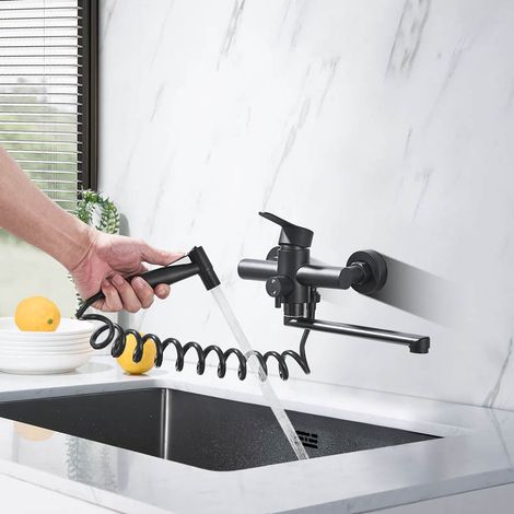 Mitigeur de Cuisine Mural Noir Mat à Poignée Unique, Robinet Évier avec Pistolet Pulvérisateur et Tuyau Spiral, Bec Pivotant 360°, Réglage Eau Chaude Froide pour Cuisine & Bac à Linge (1/5)