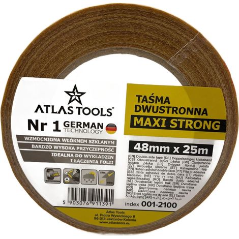 Cinta adhesiva impermeable de doble cara Atlas Tools, reforzada, de fuerte adherencia, 48 mm/25 m (1/5)