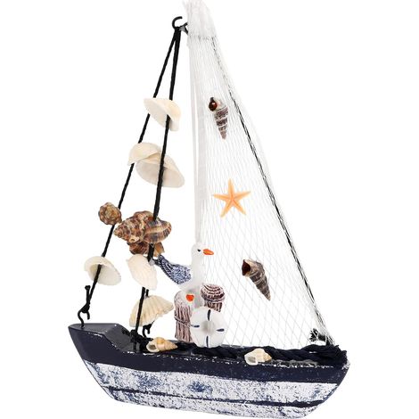 Bateau Décoratif en Bois, Voilier Nautique, Décoration Maritime avec Filet (1/5)