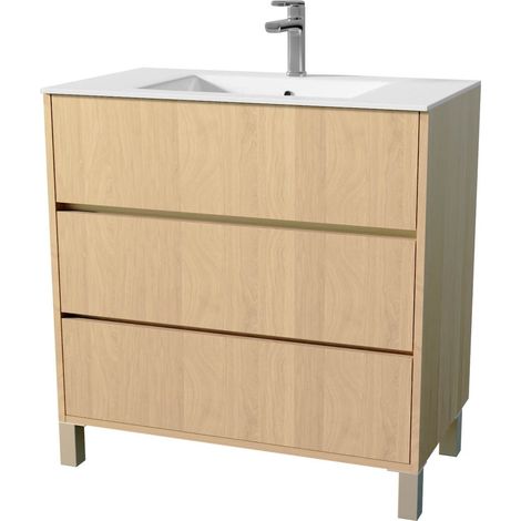 pack meuble salle de bains 80 cm chêne clair, 3 tiroirs avec vasque céramique - xenos — vue 3