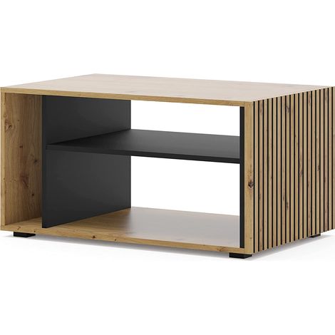 Bim Furniture – Table basse fixe support ordinateur 87x55x45cm – Chêne noir mat – 3 niveaux de rangement – Design moderne pour salon (1/7)