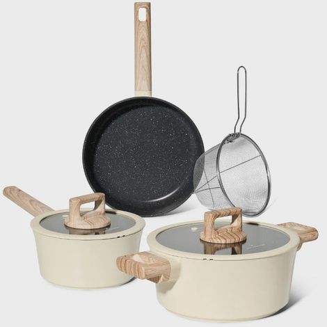 Just Perfecto JL-331: 6 Pieces Marble Coated Cookware Set with Rubber Rim Lids - Beige (1/5)
