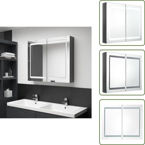 The Living Store Armadietto Bagno con Specchio e LED Grigio Lucido 80x12x68 cm - Specchio con LED