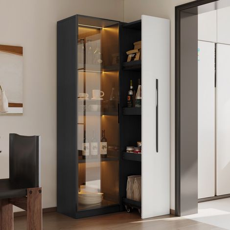Vetrina da salotto con LED - L70xH160xP40 cm - Anta in vetro temperato e vano laterale scorrevole - Stile moderno - Nero e bianco (1/5)