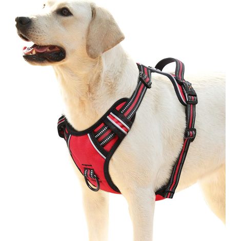 Anti-Zug-Hundegeschirr mit gepolstertem Griff, reflektierenden Elementen, 2 Metallringen, Größe L, rot (1/5)