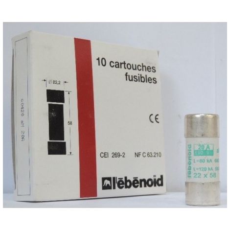 Fusible 20A cartouche 22X58mm aM usage industriel (boite de 10) HPC 80kA 660V sans percuteur EBENOID 060420 (1/2)