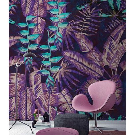 Papier peint panoramique feuilles bleues et violettes Tapisserie panoramique tropicale pour entrée Papier peint panoramique jungle (1/3)