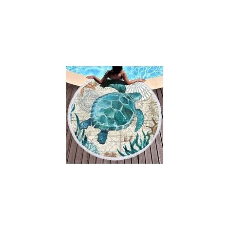Serviette de plage ronde en microfibre ultra-absorbante – 150 cm, bleu motif tortue, idéale pour plage, yoga, pique-nique ou camping