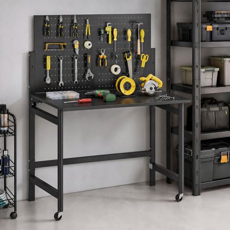 Établi pliant portable avec panneau perforé, plateau en bois épais, structure en acier, noir