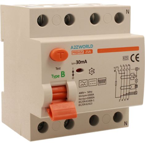 RCCB Interruttore Differenziale Puro Tipo B 3P+N 4M 10000A 30mA AC 400V IP20 IEC61008-1 / IEC62423 PR8HM, Corrente Disponibili 25A 40A 63A 100A (25A)